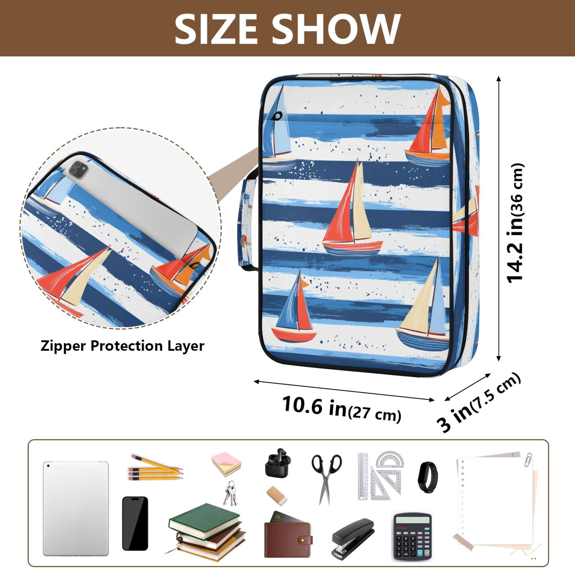 FORMRS Accordion File Folder A4 Size 7-Pocket Expanding Document Organizer Bag with 3 Ring Binder, Blue Sailboats