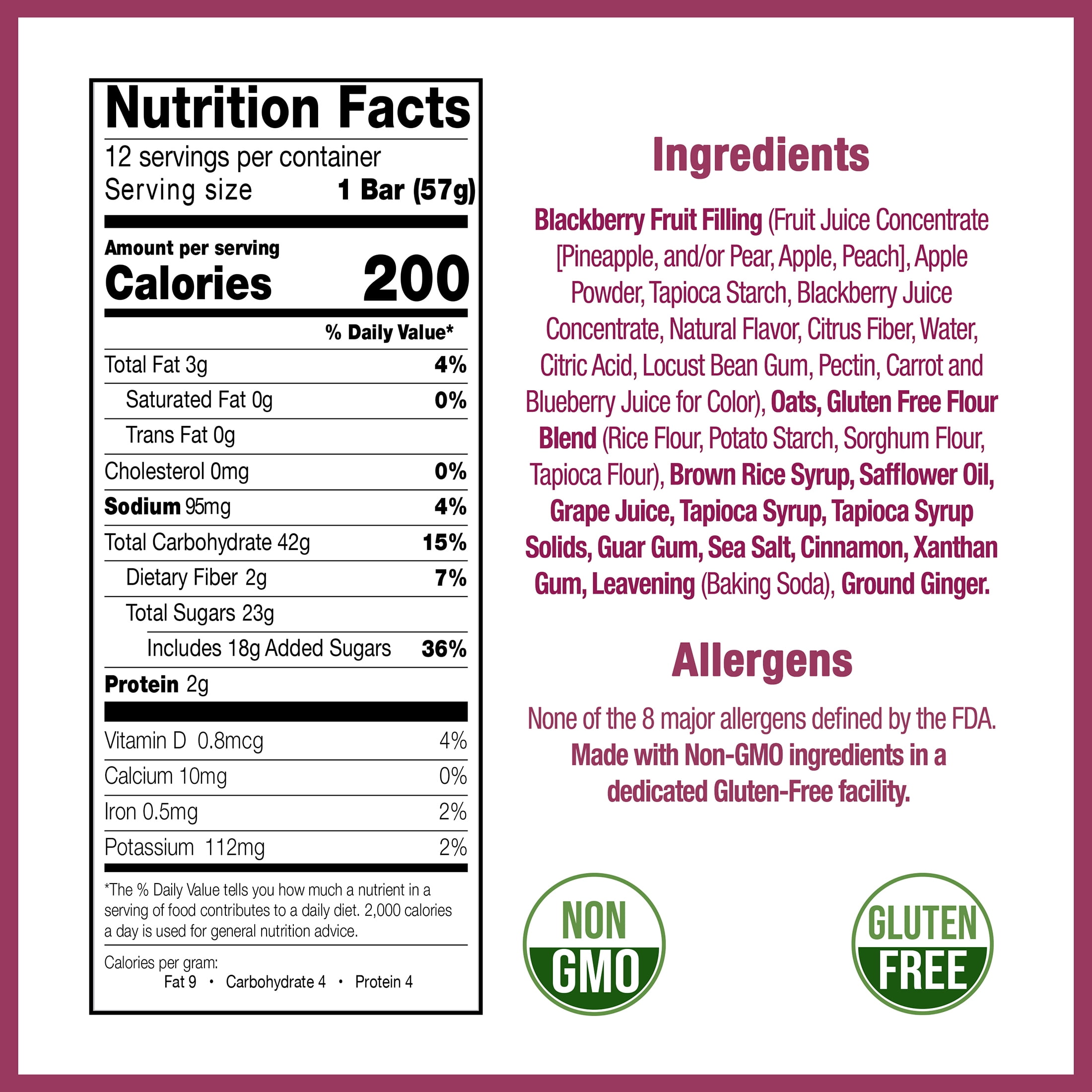 Betty Lou's Blackberry Fruit Bars, Gluten Free, Vegan 12 Ct.