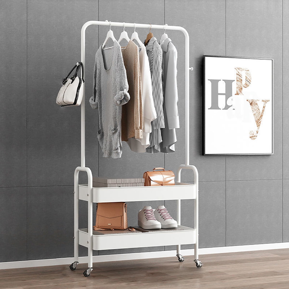Rolling Garment Laundry Rack Clothes Stand 2-Tier Storage Shelves Hanging Rod US 