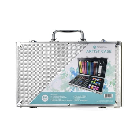 Hampton Art Artist Set Metal Case, 76 pieces, includes colored and drawing, pencils, watercolor paints, oil pastels, sand paper, paint brushes, eraser and pencil sharpener