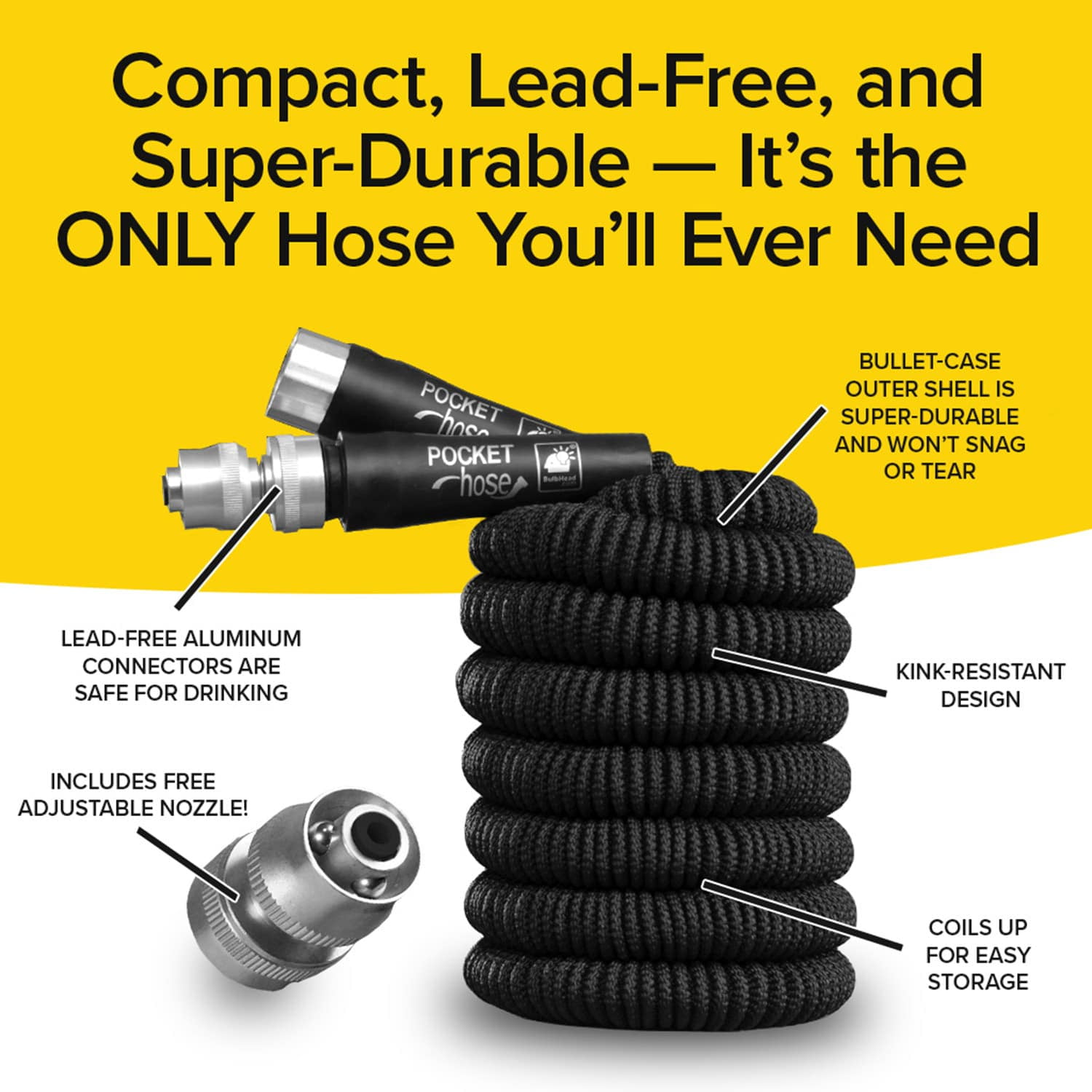 Pocket Hose Silver Bullet 100 ft Turbo Shot Nozzle Multiple Spray Patterns Expandable Garden Hose 3/4 in Solid Aluminum Fittings Lightweight and No-Kink