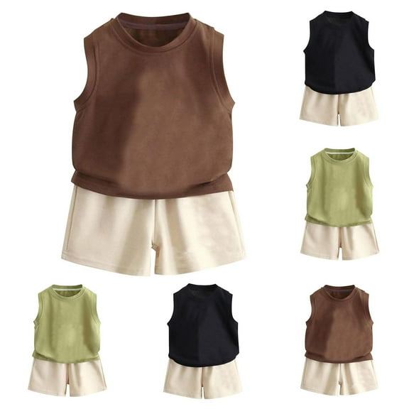 CYRBOKO Athletic Outfit Sets for Boys, Running Sleeveless Comfy Summer Tank Top and Shorts Coffee Size 10-12 T