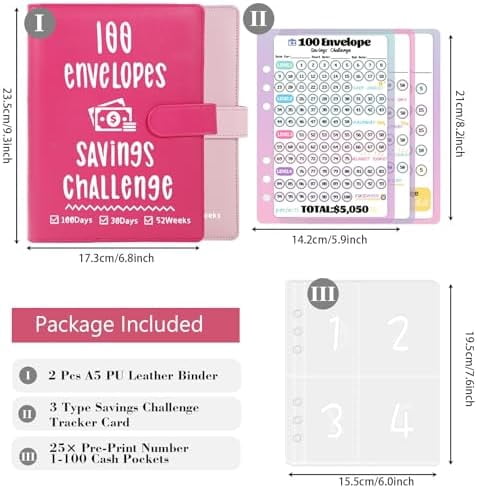 2 Pack 100 Envelopes Money Saving Challenge, Cash Budget Planner A5 Binder, Savings Challenges Book Organizer Folder, with 3 Tracker to Save $5,050 and $2,600, $300, 100 Pre-numbered Pockets, Red