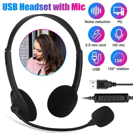 GJX Wired Headset, Stereo Headphones with Noise-Cancelling Microphone, USB, for PC/Mac/Laptop