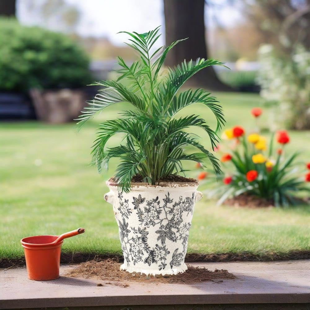 Vintage Planter Flower Pot Rustic Container with Handle Ceramic Ice Crack Plant Pot with Drainge Hole Decorative Planter for Indoor and Outdoor Tuscan Decor Vase Gardening Gift (Grey)