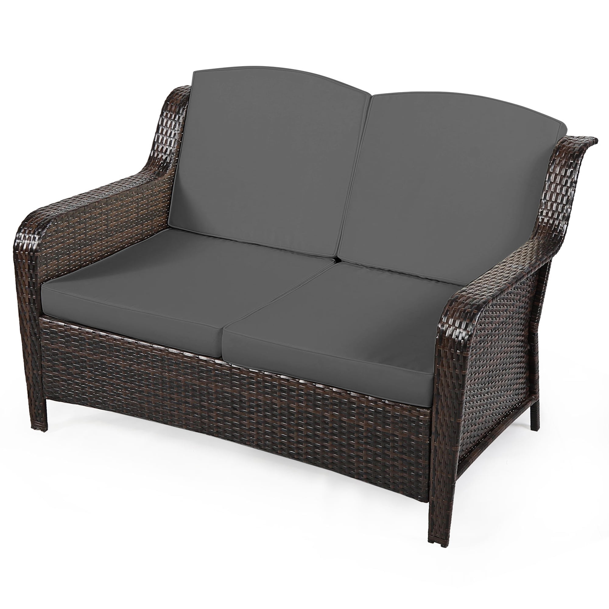 Gymax 5PCS Rattan Patio Conversation Sofa Furniture Set Outdoor w/ Grey Cushions
