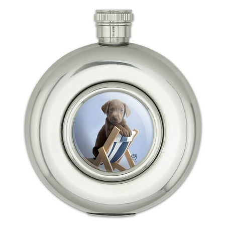 

Lab Labrador Puppy Dog in Beach Lounger Chair Round Stainless Steel 5oz Hip Drink Flask