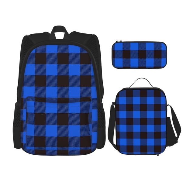 Disketp Buffalo Plaid Blue Black Mochila Estampada de Gran Capacidad con Lonchera y Estuche, Set de 3 Piezas para Estudiantes