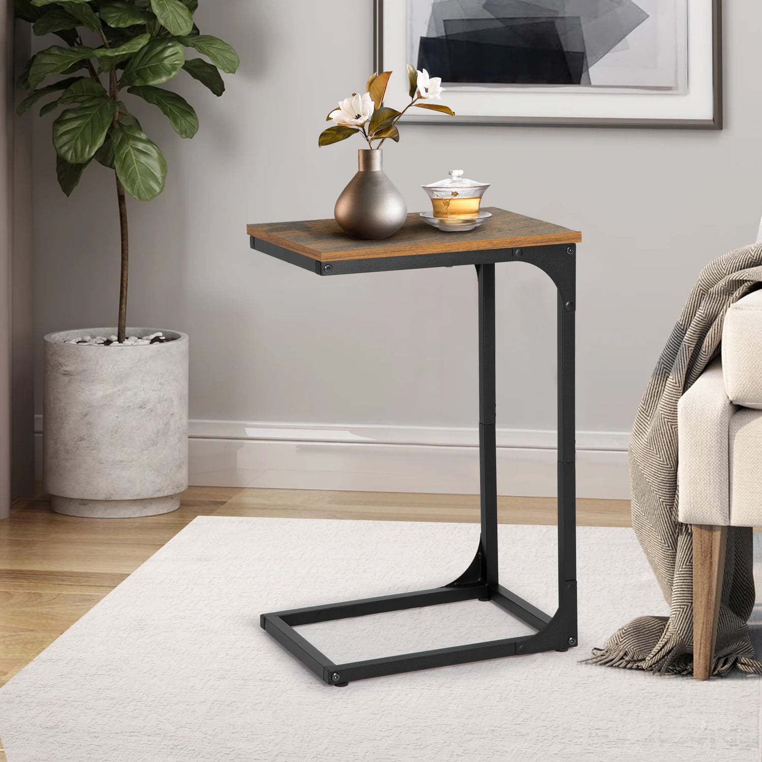 NiamVelo C-Shaped End Table Set of 2 , Small Side Table for Couch, Sofa Table with Metal Frame for Living Room, Bedroom, Bedside （Brown）