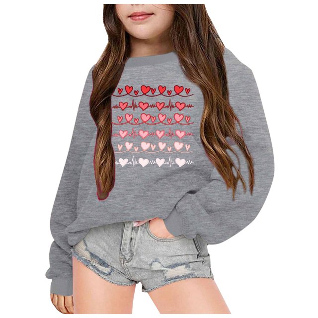 JAKANYQ Enfant en Bas Âge Manches Longues Cœur Amour Imprimé Col Rond Sweat à Capuche Pull Gris 5-6 Ans