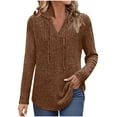 thumbnail image 3 of BiZtdJrK Womens Soft Ribbed Knit Hoodies Loose Long Sleeve V Neck Pullover Sweaters Solid Casual Hooded Sweatshirts, Coffee, L, 3 of 9