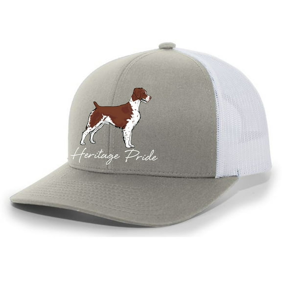 Heritage Pride Canine Collection Brittany Hunting Dog Mens Embroidered Mesh Back Trucker Hat, Silver/White