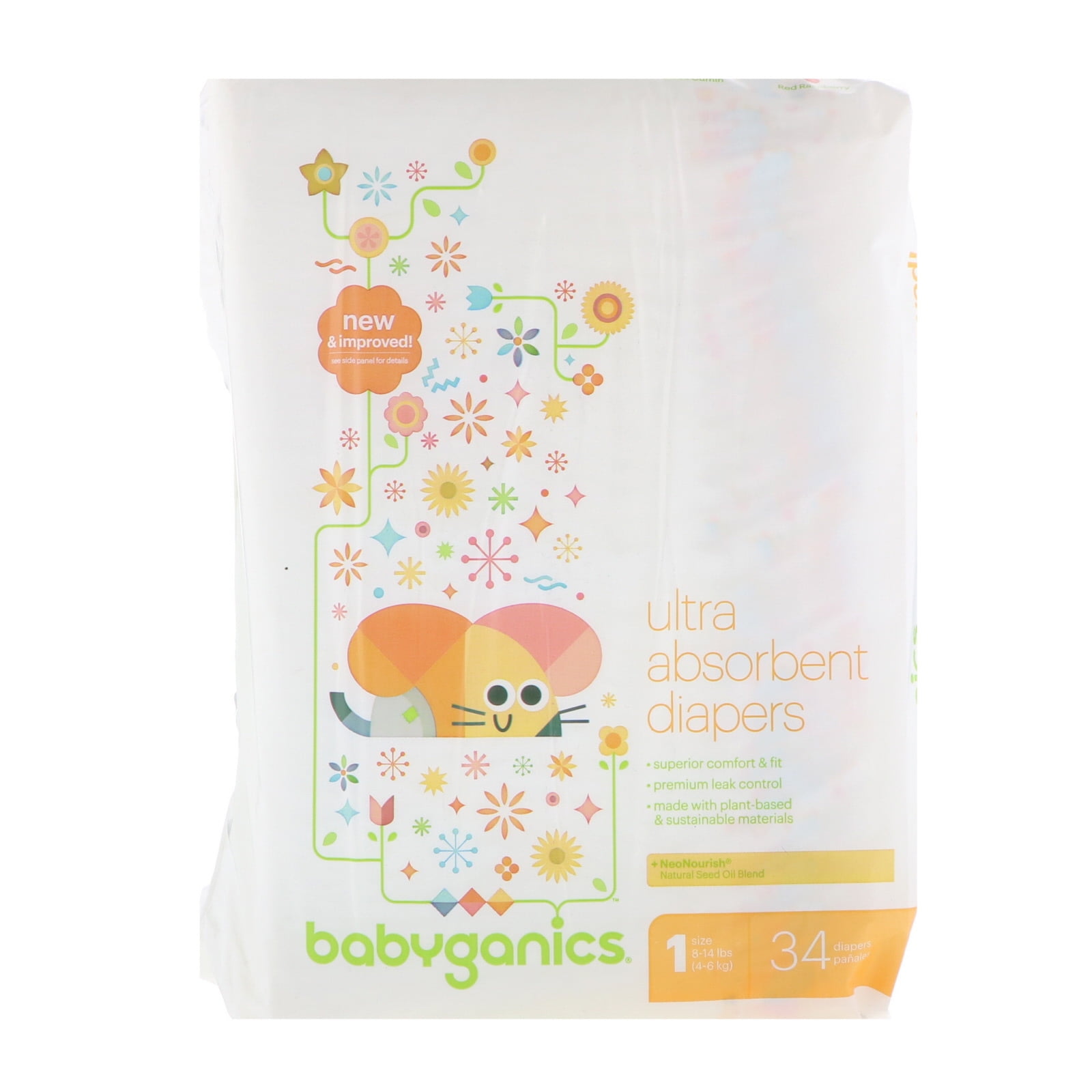 BabyGanics Ultra Absorbent Diapers Size 1 8-14 lbs 4-6 kg 34 Diapers