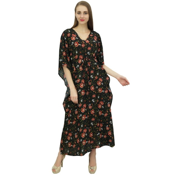 Bimba Women's Casual Drawstring Waist Nightwear Kaftan Black Evening Dress-4
