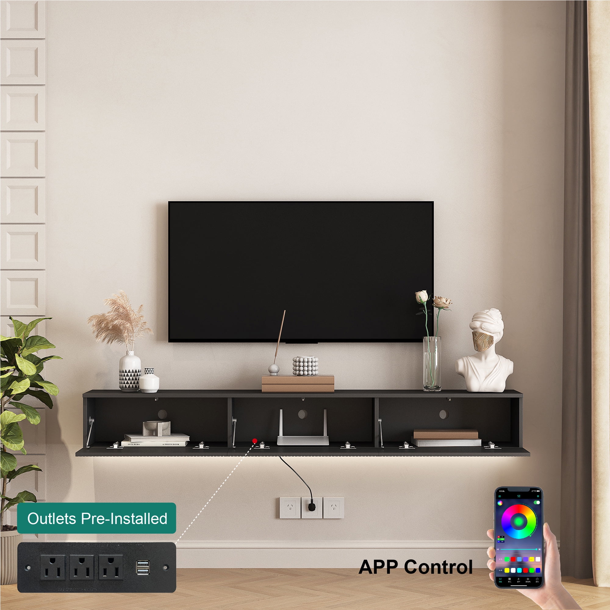 Aukfa Floating TV Stand Wall Mounted for TVs up to 70" w/ LED APP Control & Power Outlet,Black