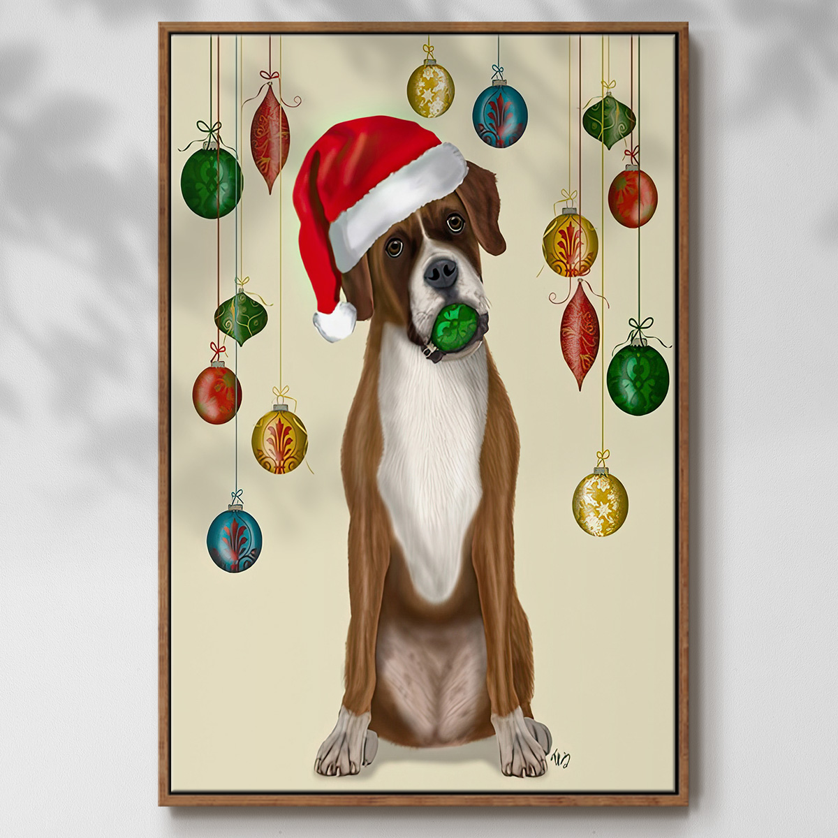 Christmas Boxer and Bauble Ball - Framed Gallery Wrapped Holiday Canvas - 17 x 25 - Rosewood Frame