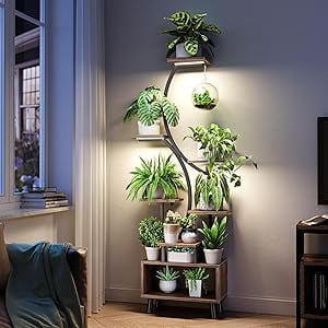 Indoor Plant Stand with Grow Light Tall 63 inch,Wood Tier Plant shelf large,with 3-head Dimmable LED Plant Grow Ligh,Plant Holder for Living Room,Corner,Patio
