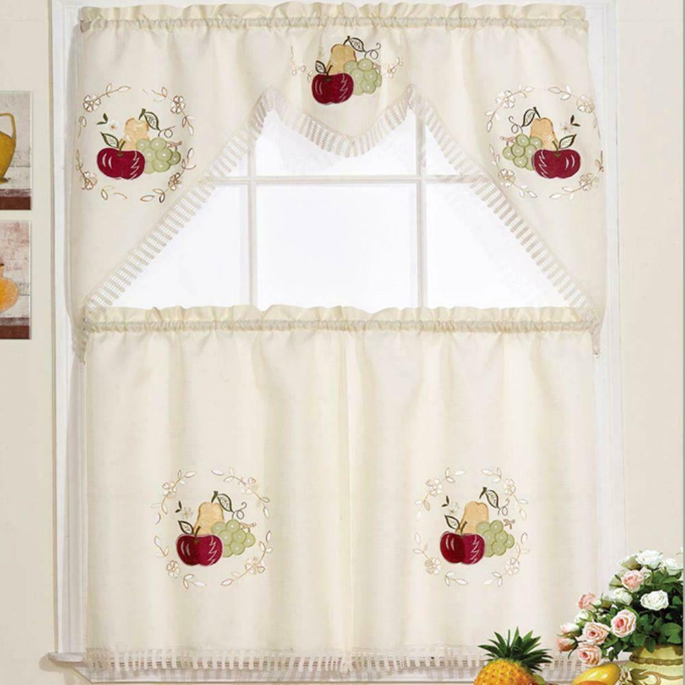 3 PC Kitchen Curtain Set Embroidered Ruffled Swag Valance &amp; Tiers RT ...