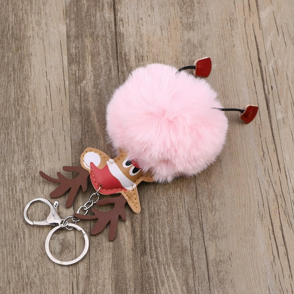 FRCOLOR Cartoon Christmas Elk Keychain Plush Pom Pom Ball Keyring Bag Cellphone Hanging Pendant (Light Pink)