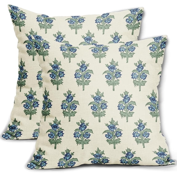 Sage Green Blue Floral Pillow Covers 18x18 Set of 2 Spring Flower Leaves Print Decorative Throw Pillow Cases Outdoor Farmhouse Decoration for Sofa Couch Bed
