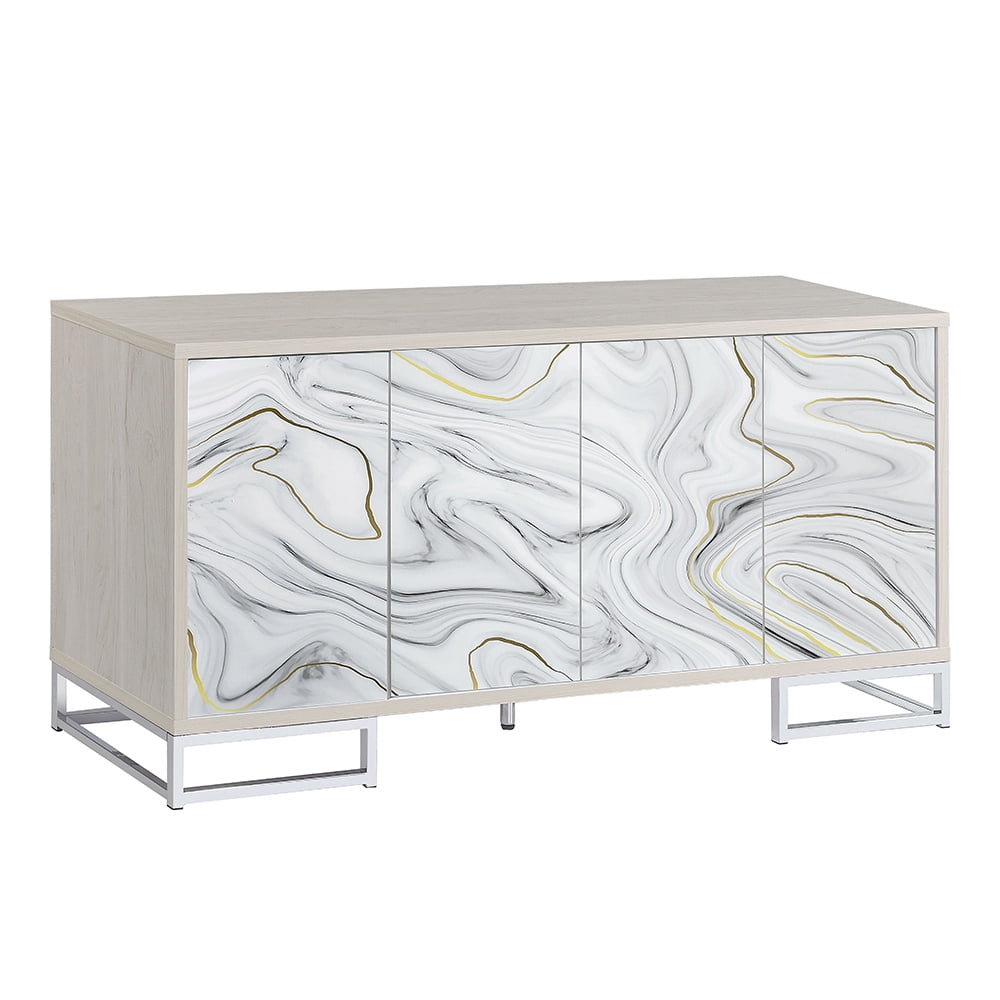 ACME Panos Contemporary Wood Console Cabinet with White Marble Print in Oak
