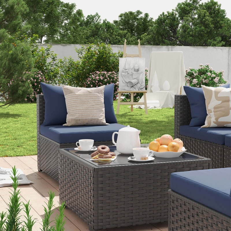 ELPOSUN 5 Pieces Patio Furniture Set, Outdoor Furniture Sectional Rattan Sofa for Backyard Garden Navy