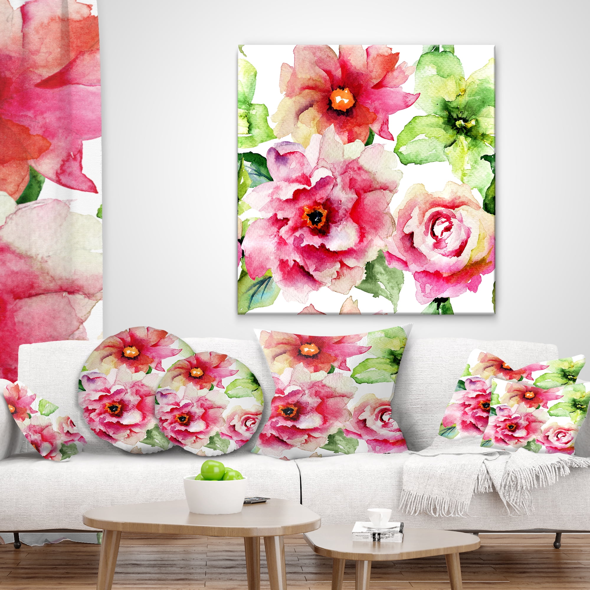Designart Roses and Gerber Flowers Watercolor - Floral Throw Pillow - 16x16