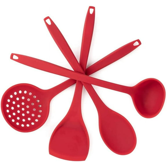 KSEDANLO Long Silicone Cooking Utensils Set, Nonstick Silicone Spatula Ladle and Spoon Set Heat Resistant Kitchen Utensils, Red