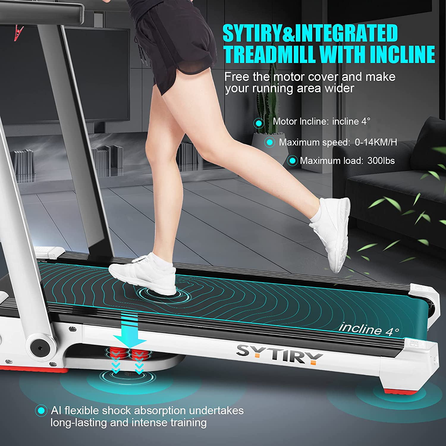 SYTIRY Treadmill with Incline for Home Folding Treadmills Fitness Exercise Machine with Multifunction Display Walking Running Jogging Treadmills for Gym & Office Workout 