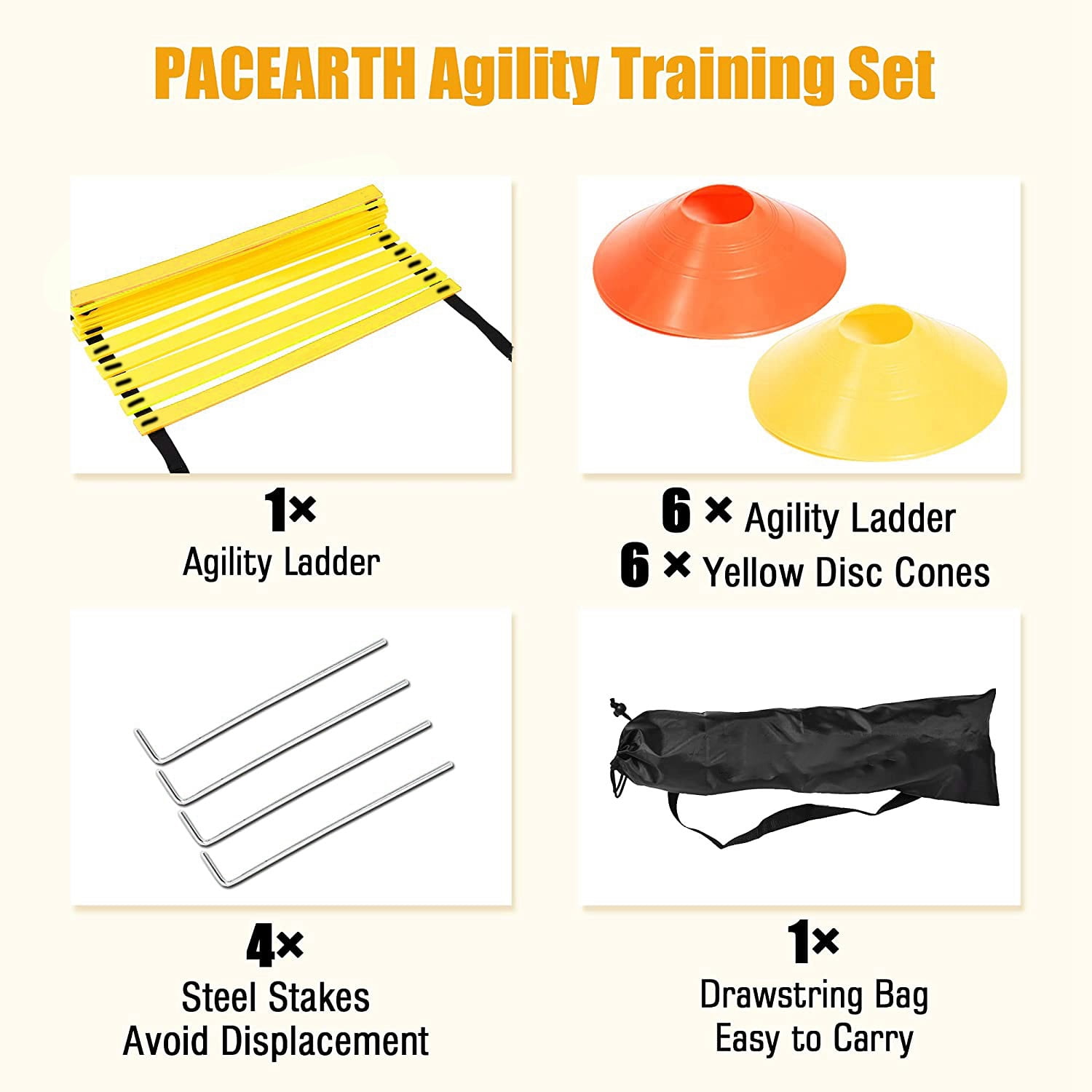 Sports Speed Agility Training Set 12 Disc Cones 4 Steel Stakes and Agility Ladder for Football Basketball Rugby Track