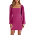 thumbnail image 1 of HAHDAXIA Women's Mesh Long Sleeve Square Neck Ruched Party Club Cocktail Bodycon Mini Dress, 1 of 6