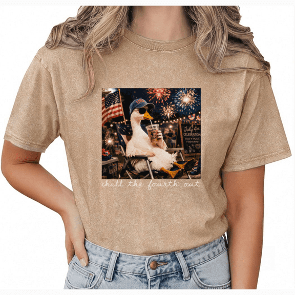 GIFFIMY Women Funny 4th Of July Duck Graphic Washed Cotton Short Sleeve Tee Holiday S-2XL Brown Tops