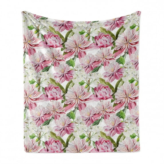 Floral Soft Flannel Fleece Throw Blanket, Watercolor Style Blush Toned Flowers and Leaves Bouquet Spring Design Print, Cozy Plush for Indoor and Outdoor Use, 60" x 80", White Multicolor, by Ambesonne