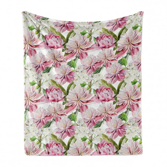 Floral Soft Flannel Fleece Throw Blanket, Watercolor Style Blush Toned Flowers and Leaves Bouquet Spring Design Print, Cozy Plush for Indoor and Outdoor Use, 50" x 60", White Multicolor, by Ambesonne