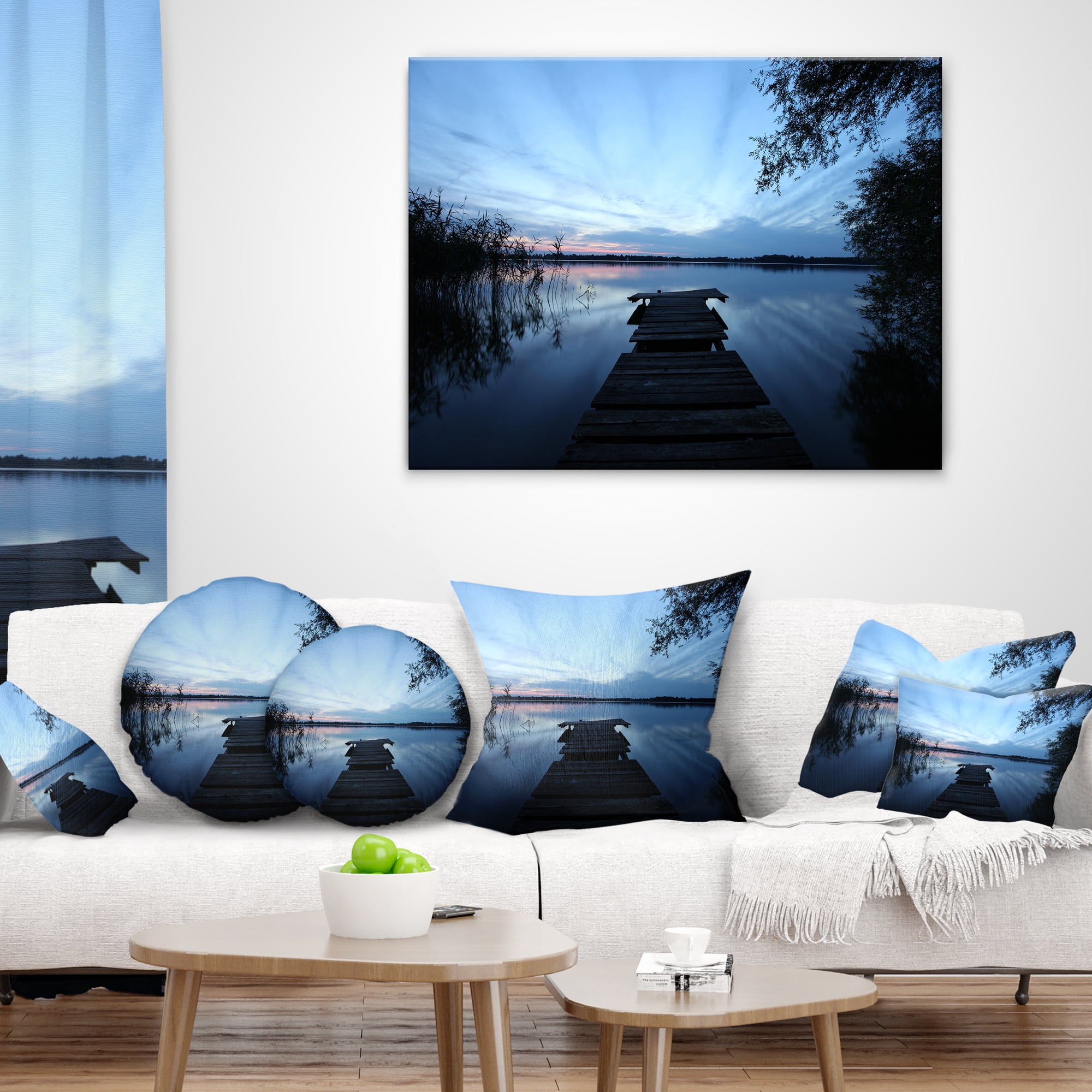 Designart Dark Wooden Pier in Lake - Seascape Throw Pillow - 16x16