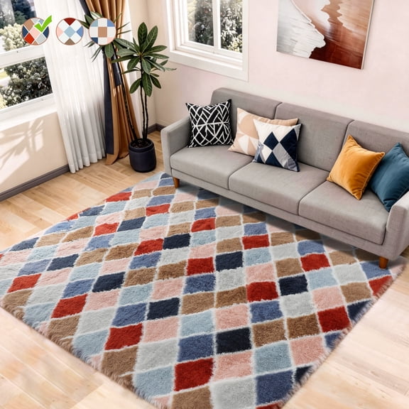 CozyDesg 4ftx6ft Area Rugs,Shag Fluffy Checkered Rugs for Living Room,Bedroom,Modern Room Decor Carpet, Non-Slip Floor Rug,Colorful A