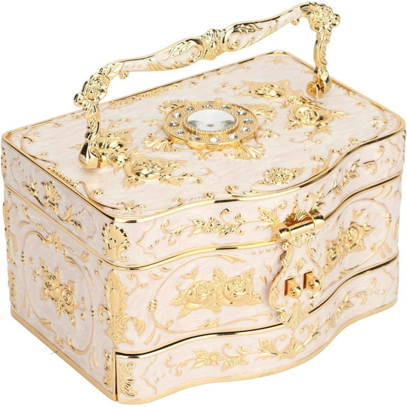 Antique-Style Metal Jewelry Organizer Box, Large 3-Tier Keepsake Chest with Velvet Lining for Rings, Earrings & Necklaces, Perfect Vanity Decor Gift