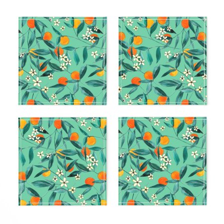 

Linen Cotton Canvas Cocktail Napkins (Set of 4) - Orange Summer Light Green Fruit Oranges Blossom Colors Watercolor Citrus Botanical Print Modern Print Cloth Cocktail Napkins by Spoonflower
