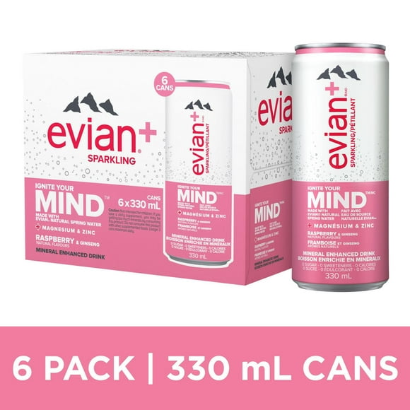 Evian+ Framboise et Ginseng Petillant Eau, 330mL 6 cannettes 6x330mL