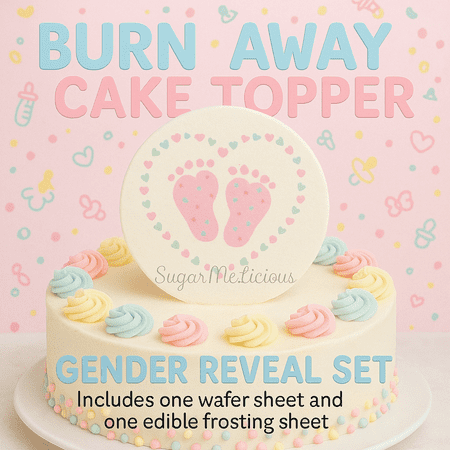 SugarMeLicious Burn Away Gender Reveal Image Topper: Personalized 8 Inch Edible Sheet Cake Banner with Two Custom Images for Dramatic Gender Reveal Party Decoration