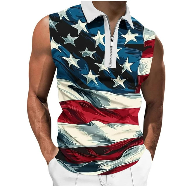 Camisas de Suéter para Hombre, Moda Casual sin Mangas, Cremallera de Impresión Turndown Tanque Deportivo