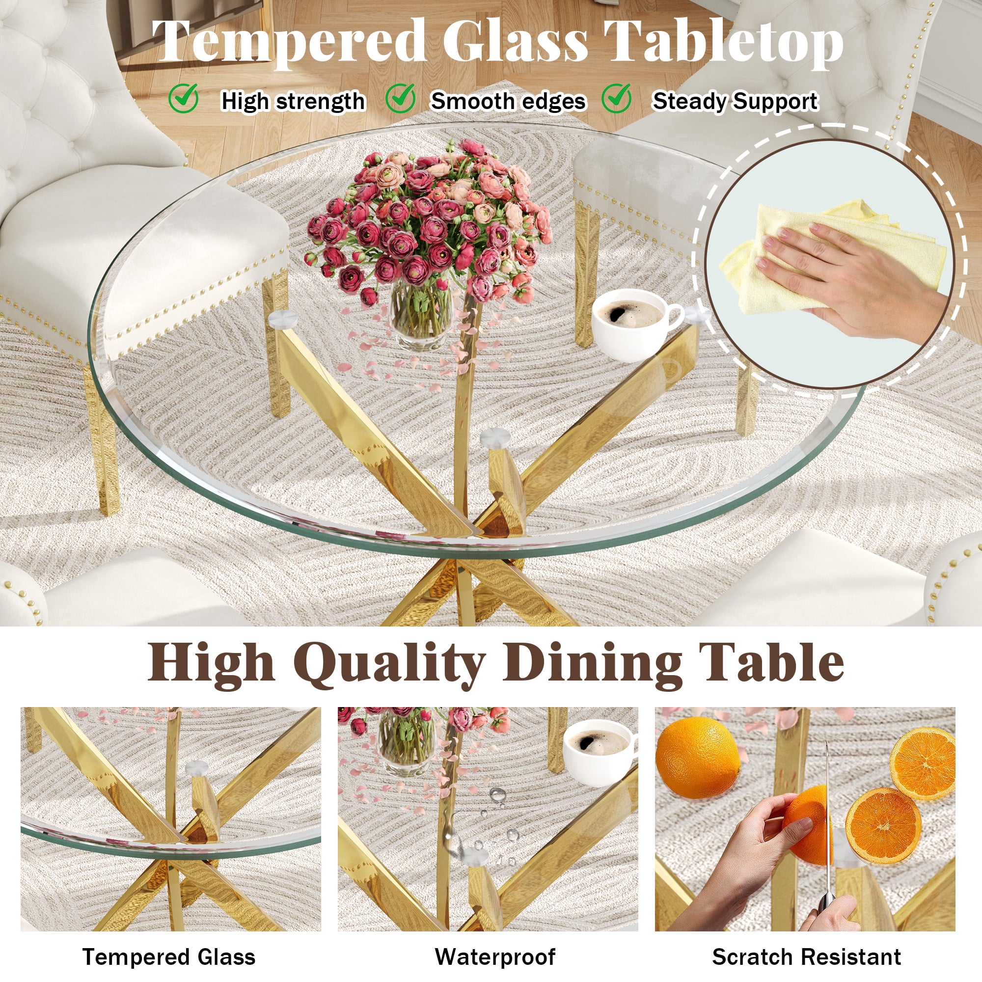 36" Round Glass Dining Table with Stainless Steel Legs, Modern Small Kitchen Table with Tempered Glass Top for Dining Room, Apartment, Kitchen