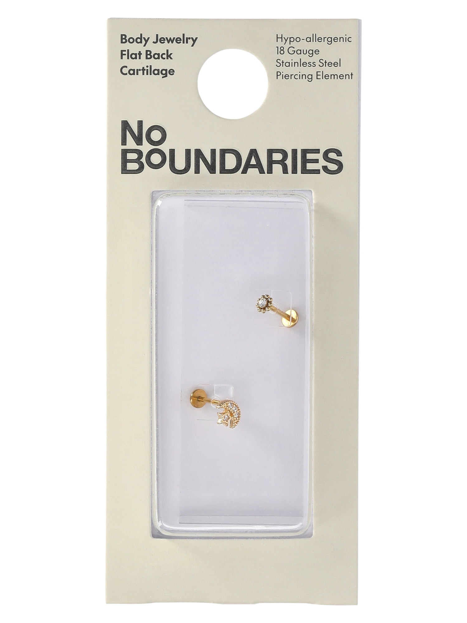 No Boundaries Gold Tone Stainless Steel Moon Flatback Cartilage Earrings, 2 Piece Set