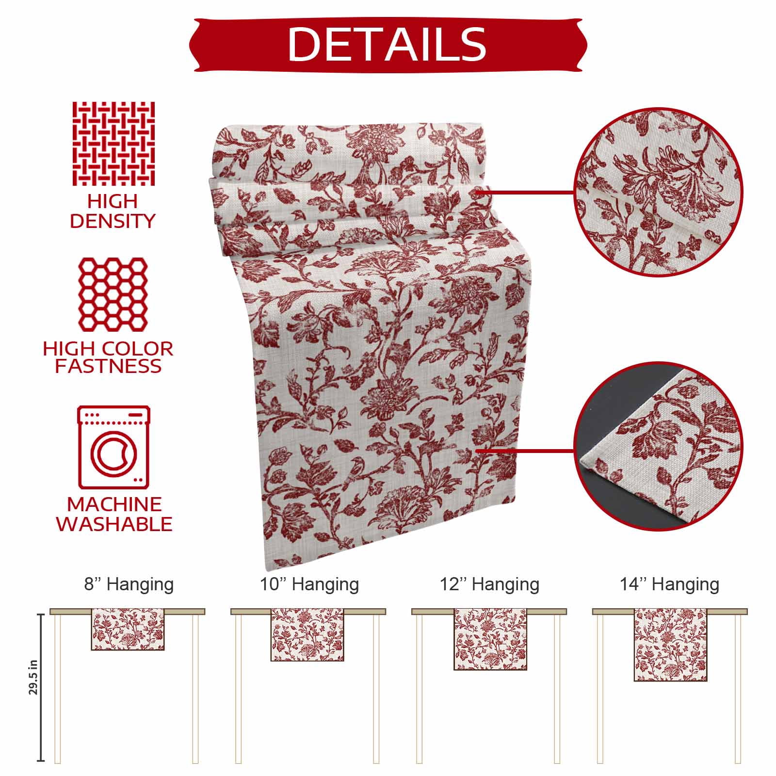 Farmhouse Red Table Runner 70 Inches Long,Vintage Flower Leaf Botanical Plant Cotton Linen Table Runners Dresser Scarves,Decorative Fabric Tabletop Scarf Furniture Cover for Home Dinner Party 13"x70"
