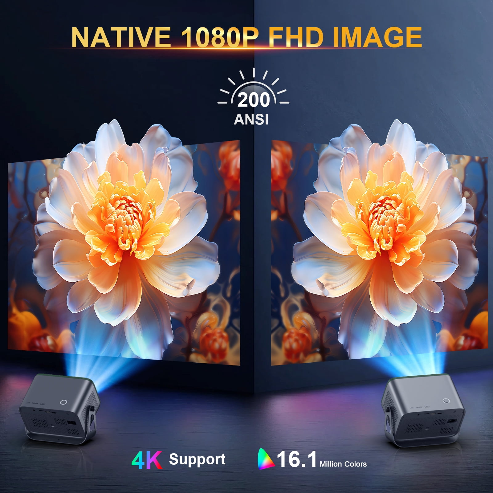 GCZ Native 1080P Projector with WiFi and Bluetooth, Electric Focus, 200 ANSI Portable Projector for Home Theater and Outdoor Use