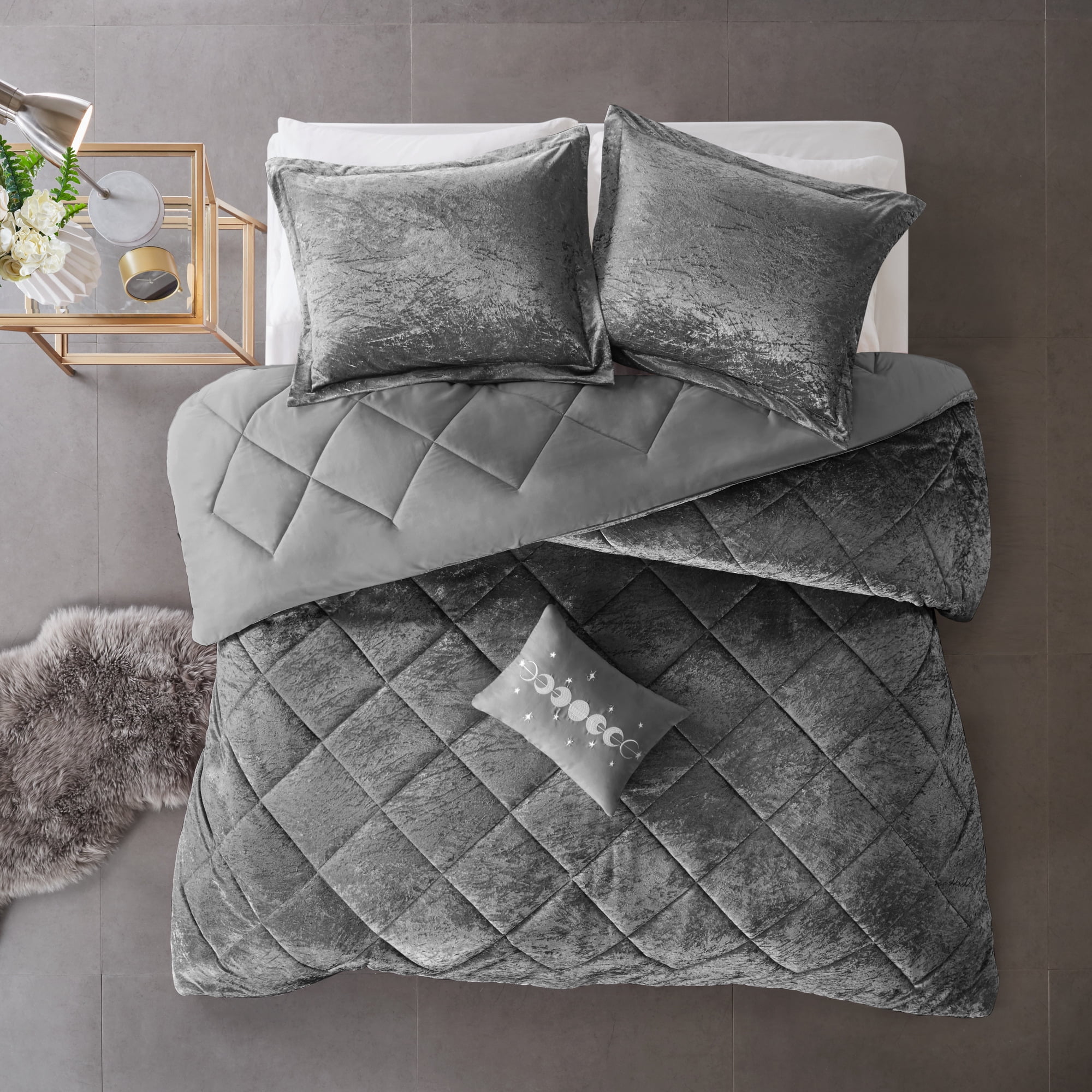 Home Essence Apartment Alyssa Gray Velvet 4 Piece Duvet Cover Set, Full/Queen
