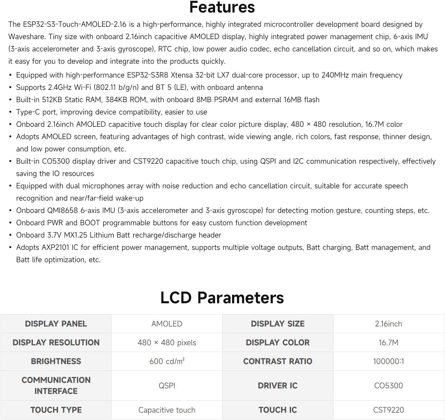 ESP32-S3 2.16inch AMOLED Display Development Board, 480 × 480 Resolution, 16.7M Color, Supports Dual Microphones, 2.4GHz Wi-Fi and BLE 5, No BAT