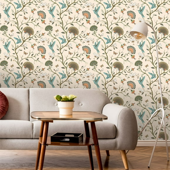 1pc Flower And Bird Self-adhesive Wallpaper, 17.7in*118in, Removable Background Wallpaper, Removable Sticker For Living Room Bedroom Wall Furniture, Fall Aesthetic Wall Decor