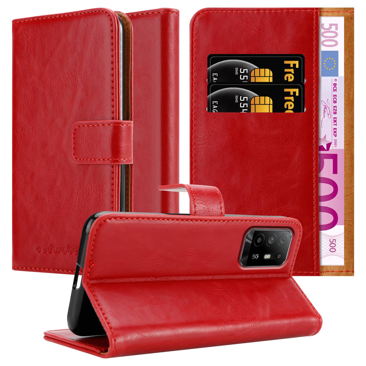 Étui Coque Oppo A94 5G Avec Porte-cartes Et Support - Simili Cuir Rouge - Neuf