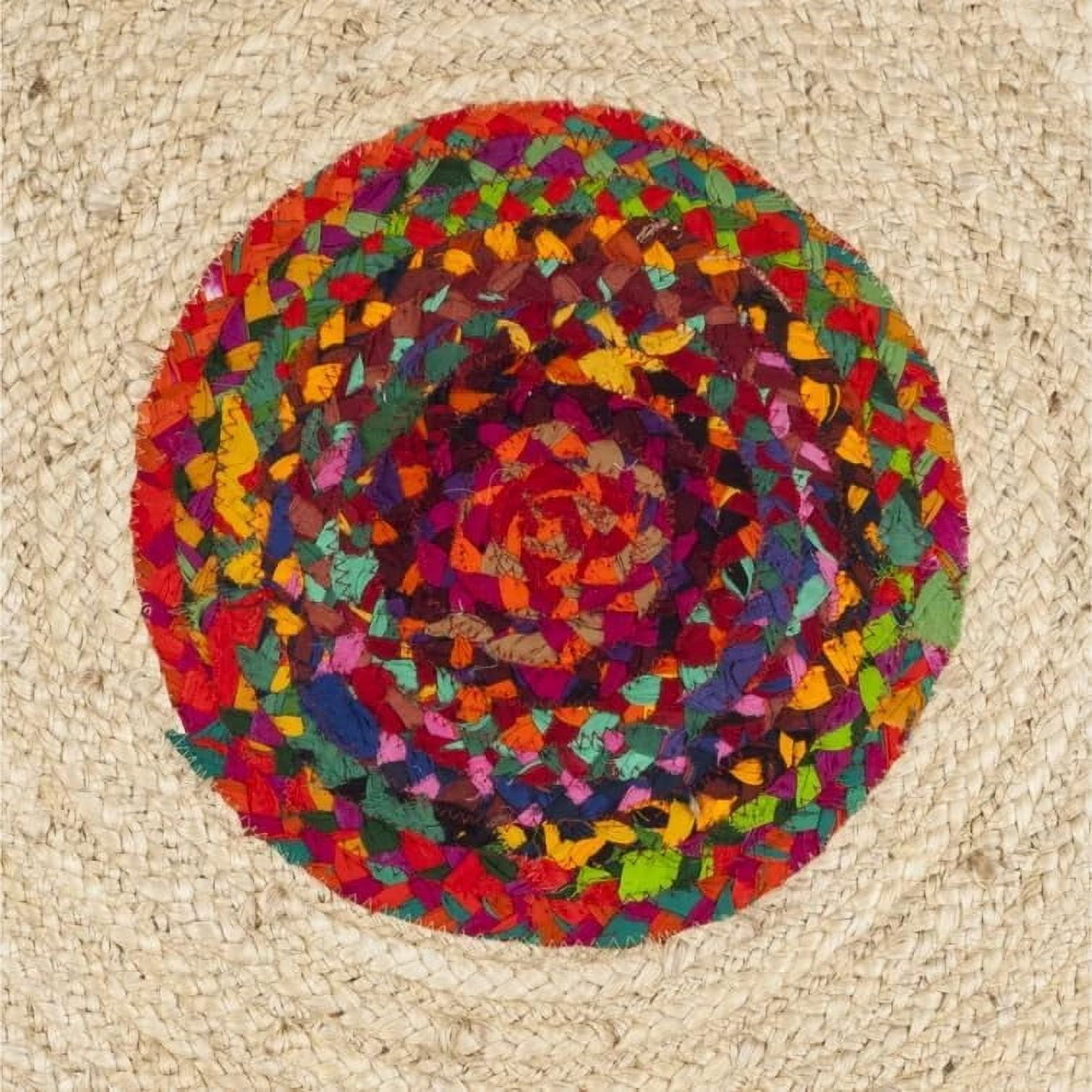 Indian Handwoven Braided Natural Jute with Multi Cotton Jhalar Round Rug, Bedroom, Entryways, Dining Room, Hallways, Kids' Rooms, Size - (6' Round)